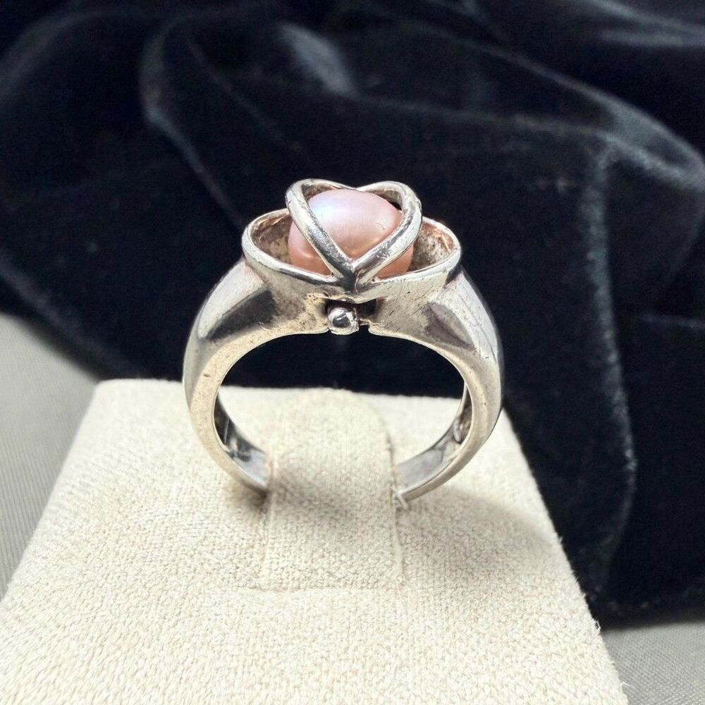 Vintage LUC Lucas Lameth 925 Sterling Silver Heart Cage Pink Pearl Ring sz 4.75